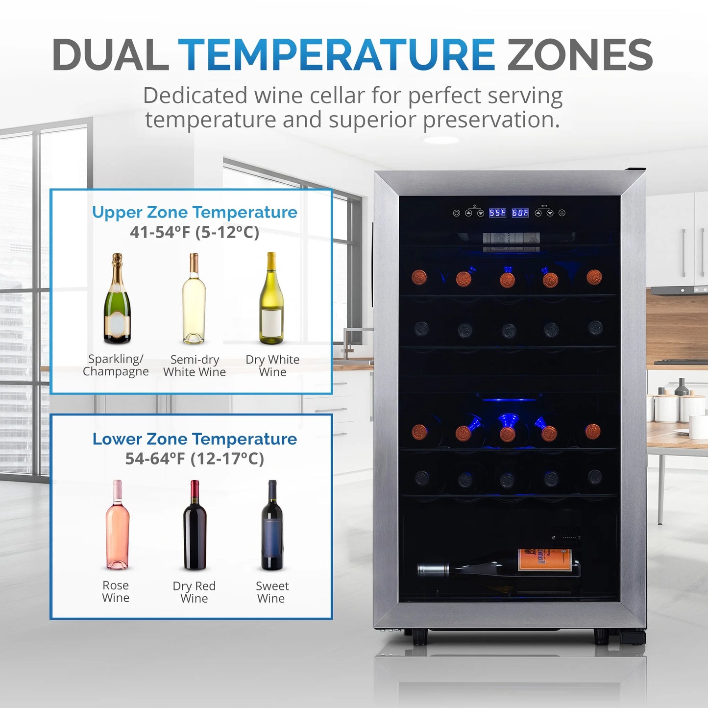 NewAirâ¯Freestanding 28â¯Bottle Dual Zone Compressorâ¯Wine Fridgeâ¯in Stainless Steel, Adjustable Racks and Exterior Digital Thermostat